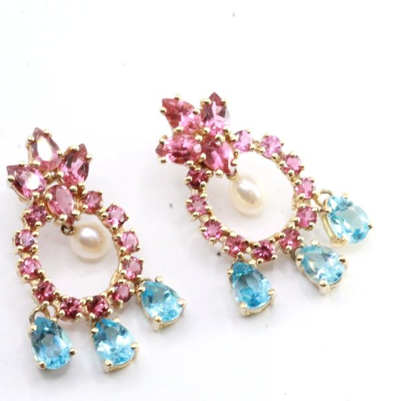 14K Gold Synthetic Tourmaline Topaz Pearl Chandelier Earrings - Picture 4 of 10